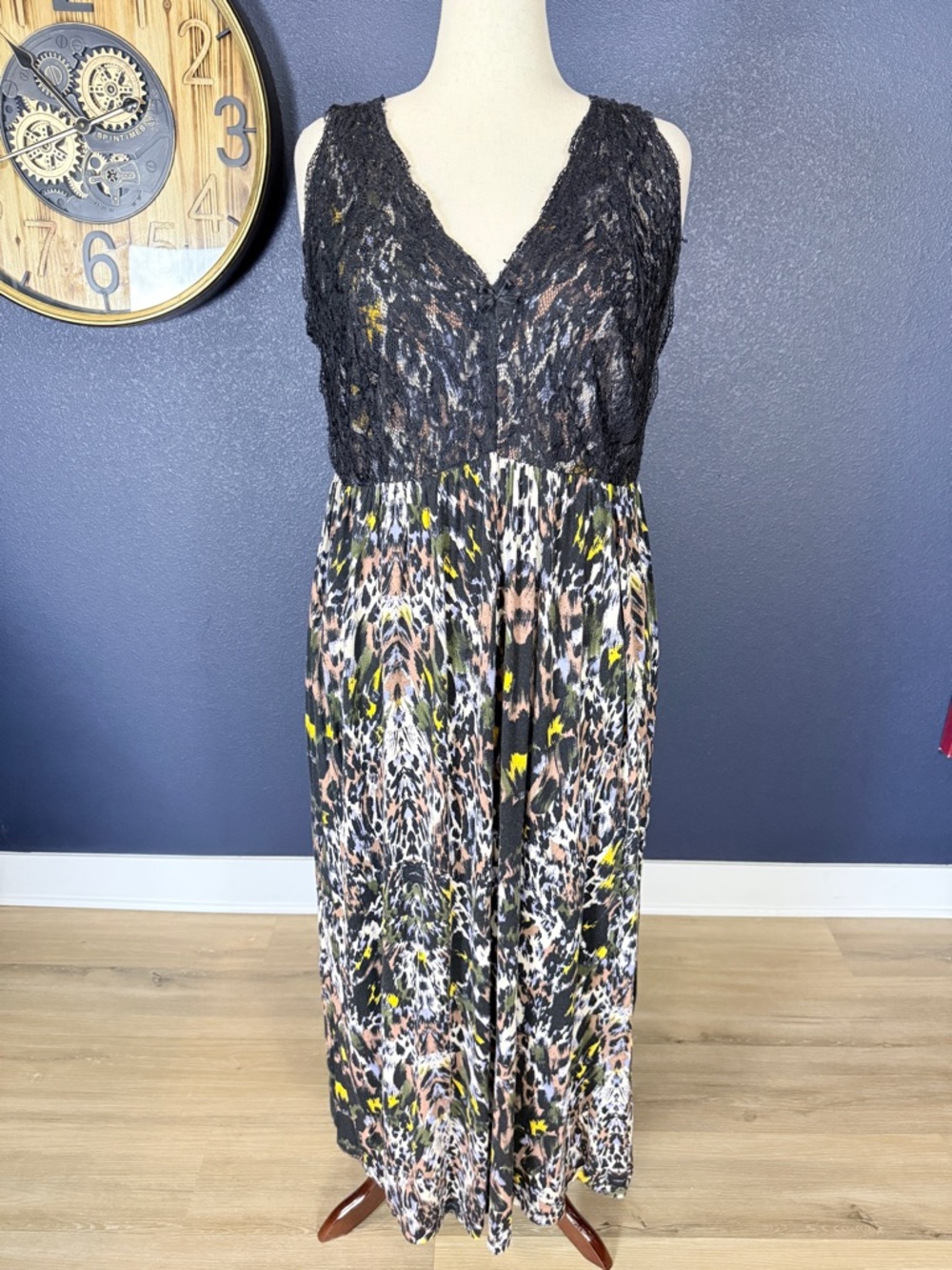Ulla Popken Black Lace Bodice Multicolor Animal-Print Maxi Dress | Size 24/26